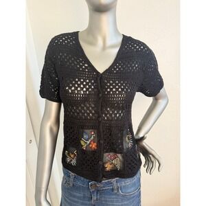 Vintage Black Crochet Short Sleeve Cardigan Floral Embroidered Mesh Cottagecore